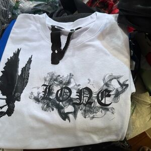 Vlone No Smoke/Skeletal Angel t-shirt in white cotton with black graphic print